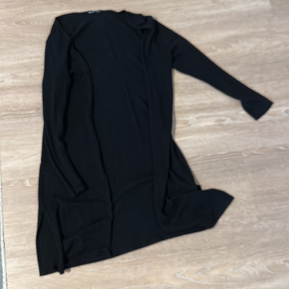 Long open front cardigan. Dark gray